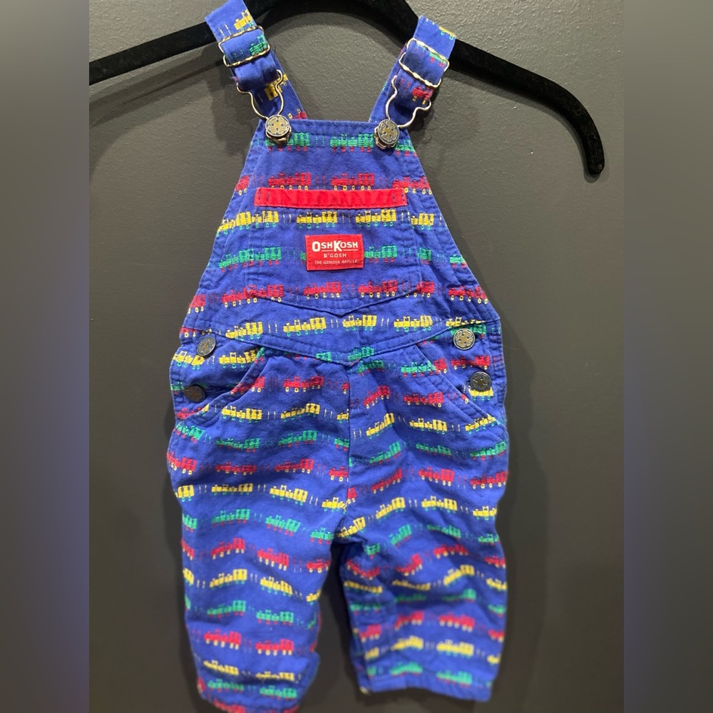 RARE Vintage OshKosh B'gosh Colorful Train Pattern Overalls